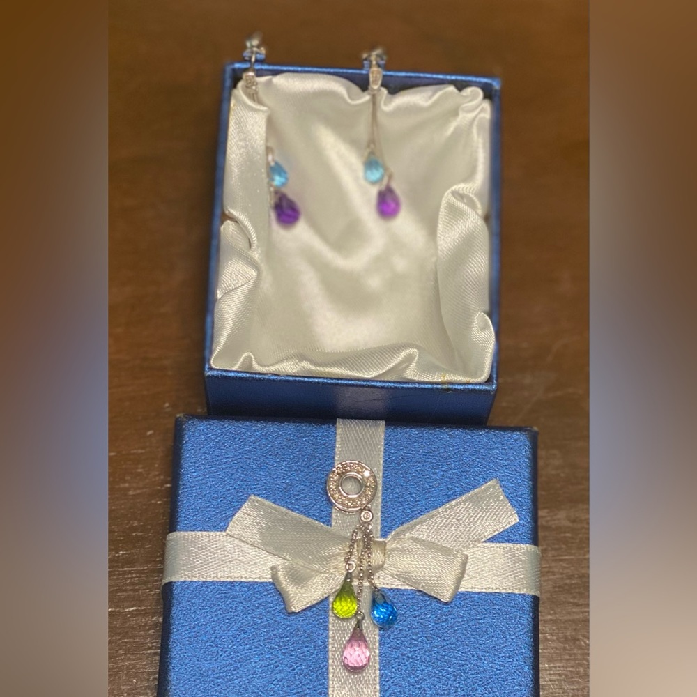 SET of Semi-Precious and Diamond Earrings and Pendant Set in 14k White Gold.
